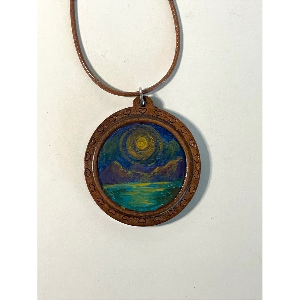 MOON OVER THE OCEAN Oil Hand-Painted Moonlit Landscape Pendant Necklace Art
